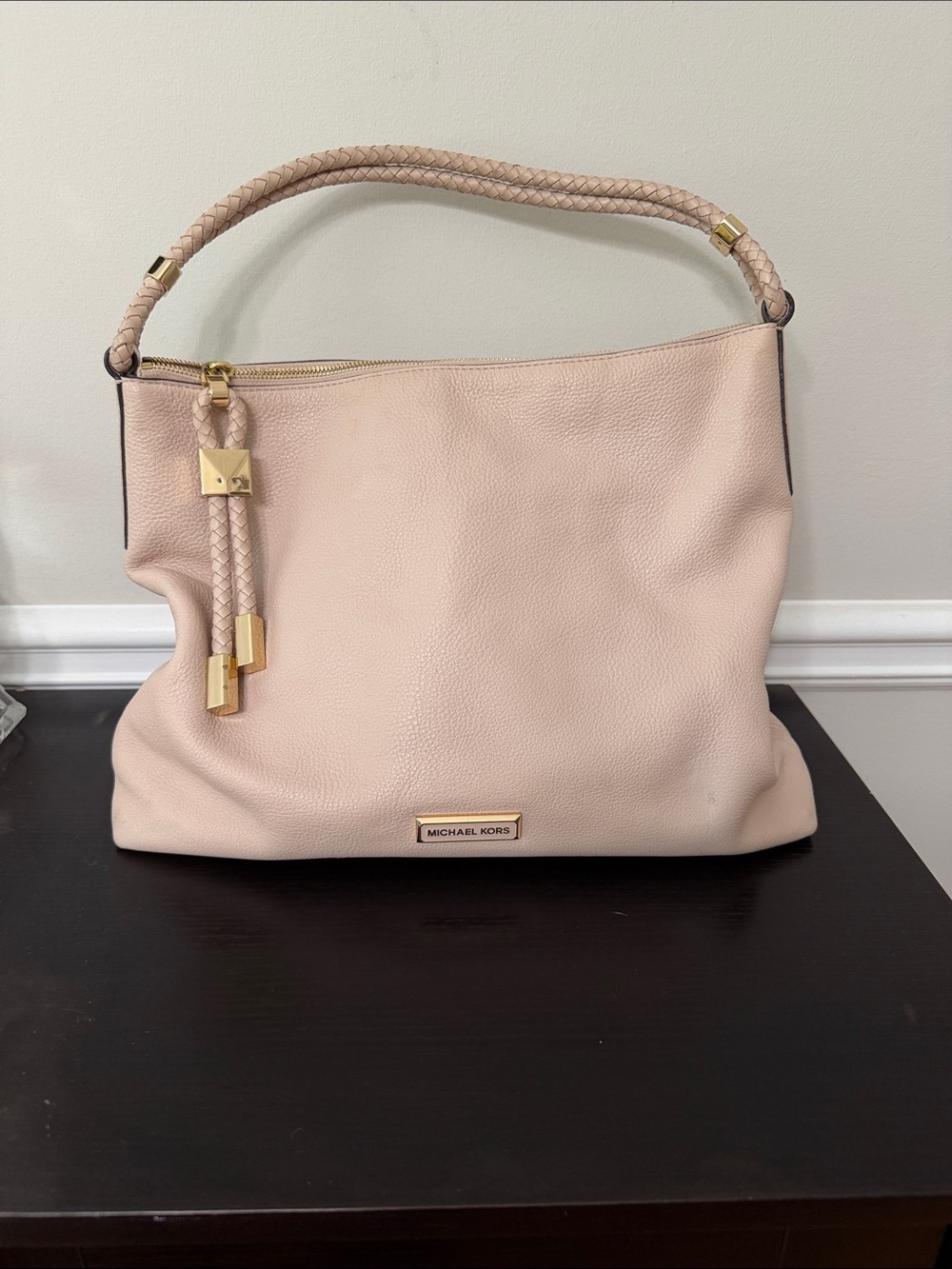 Michael Kors Pale Blush Braided-Handle Hobo with Gold Hardware